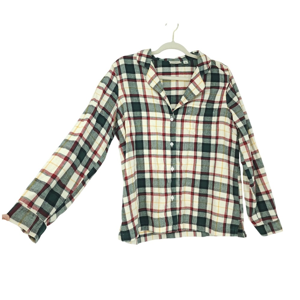 LL Bean Flannel Pajama Top Women M Cream Red Green Plaid Soft Casual Preppy